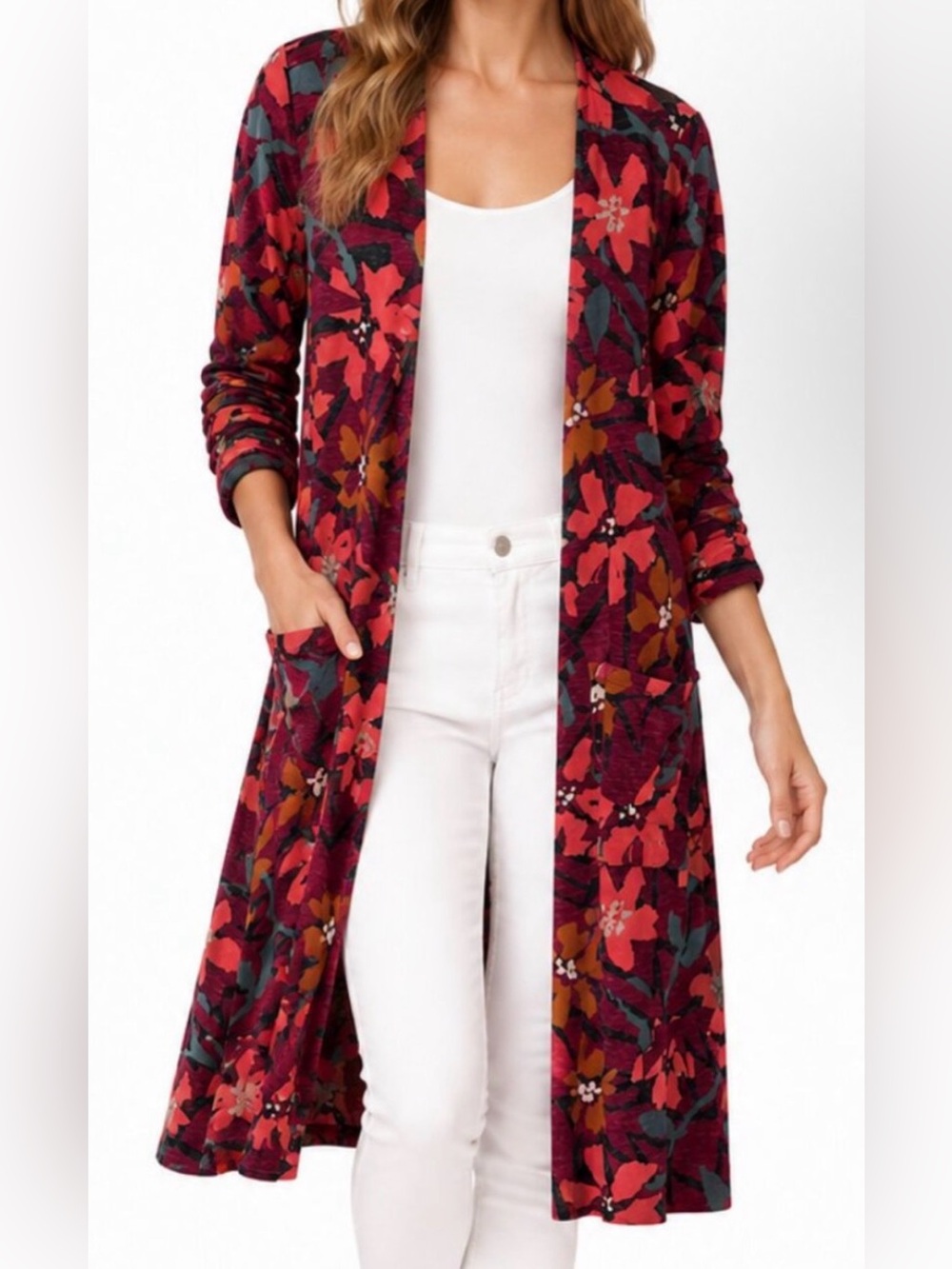 LuLaRoe Sarah L Floral Long Duster Cardigan Burgundy Boho NWT